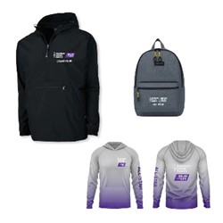 Black jacket, gray backpack, grey and purple ombre sweatshirt