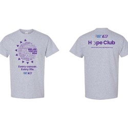 Front and Back of a gray shirt with purple text Hope Club.