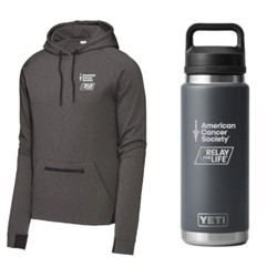 Gray sweatshirt and gray water bottle with Relay For Life logo